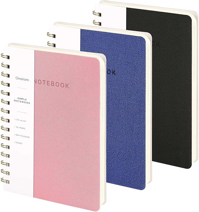 Spiral Notebook-5.75" x 8.125" College Ruled Journal with Inner Pockets and 160 Pages,PU Leather Cover Business Journal, Twin-Wire Binding Notebook Perfect for Office & Home School Supplies 3 pack Pink/NavyBlue/Black