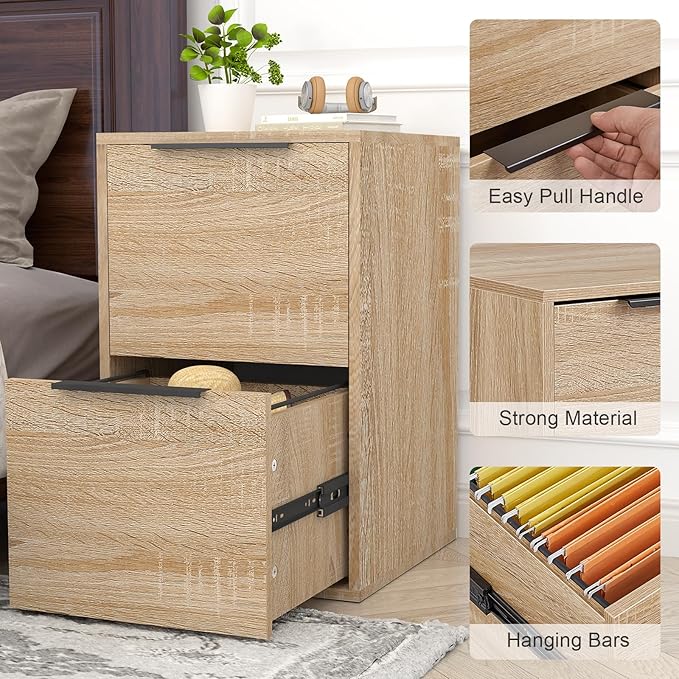 FATIGOS Wood File Cabinet 2 Drawer Filing Cabinets with Hanging Bars for Letter Size, Wooden Samll Vertical Filing Cabinet for Home Office, Oak