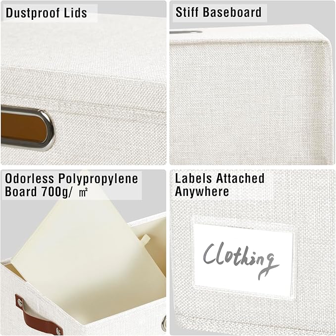 Roobyl 17" Large Collapsible Storage Bins with Lids, Stackable Closet Organizers with PU Handle and Labels, 3-Pack Decorative Fabric Storage Boxes for Home, Bedroom, Closet, Office, Nursery(White)