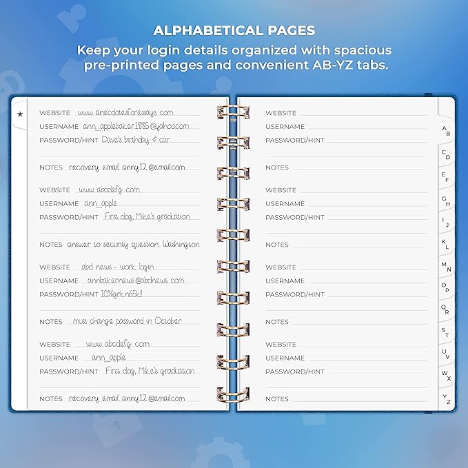 Clever Fox Password Book Spiral – Mini Internet Address & Password Organizer with Laminated Alphabetical Tabs – Small Password Keeper Journal – Hardcover, Pocket Size, 4.7x5.7” (Mystic Blue)