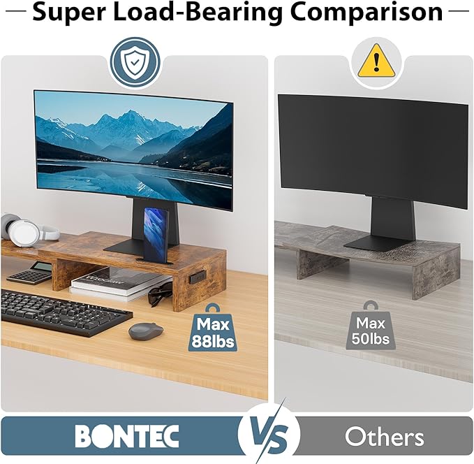 BONTEC Dual Monitor Stand Riser with Smartphone Holder, Adjustable Length & Swivel Angle, Ergonomic Wooden Desktop Organizer for PC Monitor, Laptop, Printer, Large Storage, Rustic Brown