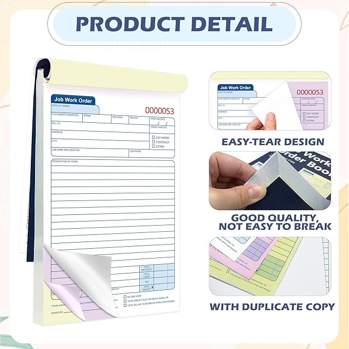 50 Sets Job Work Order Form Book 3 Part Carbonless Work Order Invoice Book 5.5 x 8.3 inch Job Order Forms with Numbers and Tear Off Top with Hard Backing for Business Service (1)