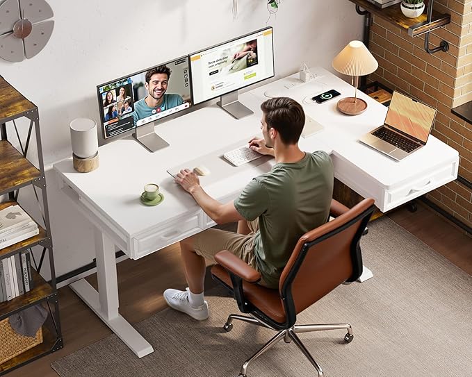 OffiGo L Shaped Electric Standing Desk with Wooden Drawers, 55 Inch Height Adjustable Corner Workstation with Power Outlets, Sit Stand Table for Home, Office, White