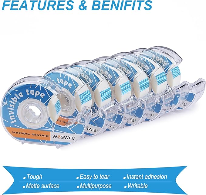 WOSWEL Tape Refills with Dispenser, 24 Roll Invisible Tapes, 3/4 Inch X 1000 in, Gift Wrapping Tapes Supplier for Valentine's Day Home School Office Use