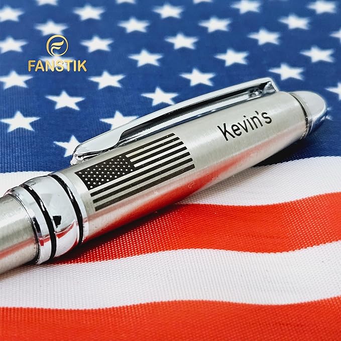 FANSTIK Customized BallPoint pen with name and US Flag (MADE IN USA), stainless steel, silver, luxury engraved pen personalized for men and for women. (BallPoint US-Flag)