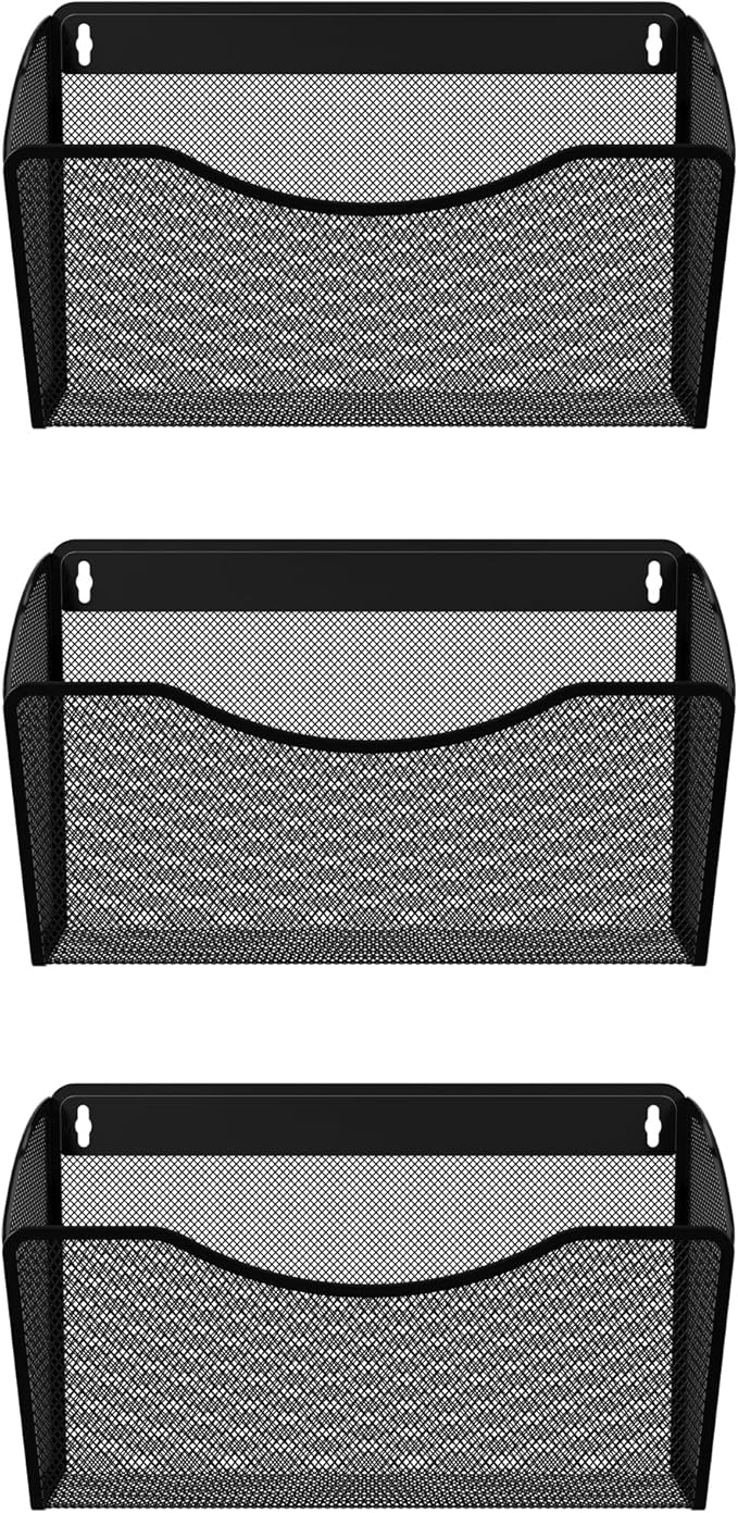 EasyPAG 3 Single Pocket Wall File Organizer, Mesh Hanging File Folder Organizer for Letter/A4 Size Folders, Wall Mounted Vertical Mail Holder for Paperwork, Office, Home, School, Black