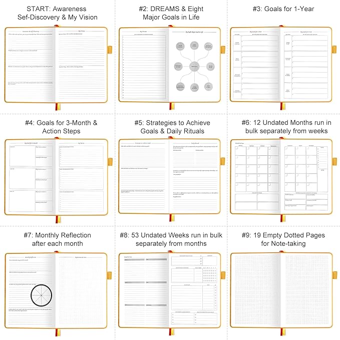 Undated Luxurious Weekly & Monthly Planner to Increase Productivity Hit Your Goals, Organizer Notebook Gratitude Journal Time Management Start Anytime, A5, Lasts 1 Year