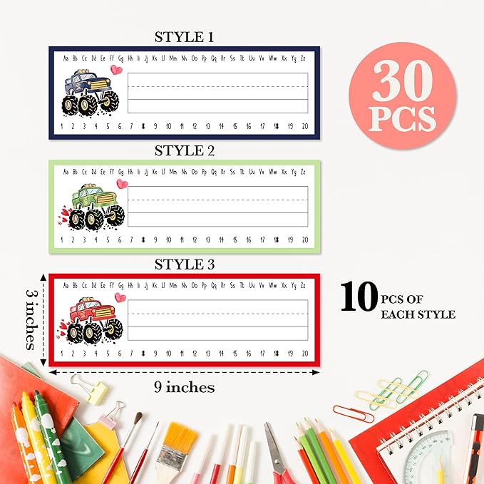 Name Tags for Classroom Desks, Truck Theme Students Name Plates, Truck Bash Labels for School Students Desks, Teaching Supplies, Back to School Decor, 30 Pack (04)