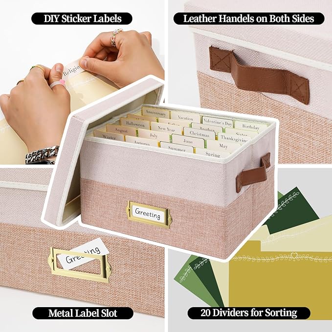 Vienrose Greeting Card Organizer Box with 20 Removable Dividers, 84 Self-Adhesive Labels, Foldable Storage Box Great for Greeting Cards, Photos, Envelopes, Stickers, Postcards Light Pink&Lotus