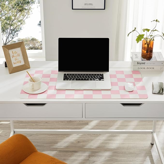 Ohocut Checkered Desk Mat, Large Cute Aesthetic Retro PU Leather Computer Laptop Desk Mat, Non-Slip Waterproof Mouse Keyboard Pad, Desk Writing Mat for Work/Home (Pink, 23.6" x 13.7")