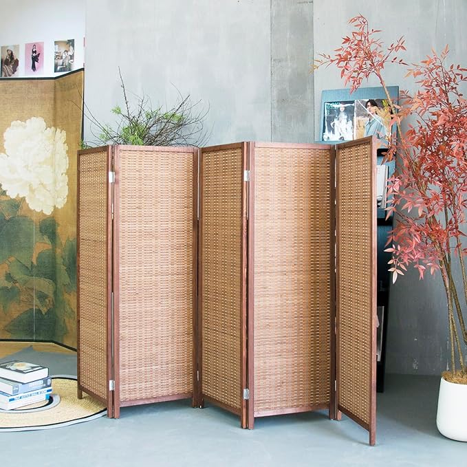 Furnnylane 5 Panel Short Room Divider Screen,Brown Freestanding Partition,Small Bamboo Panel Divider for Room Seperation,3.95 FT Tall