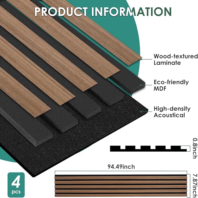 VallisCo 4-Piece Wood Slat Acoustic Panels for Stylish Interior Decor & Noise Reduction - 94.5" x 7.9" 3D Solid Wood Wall Panels for Ceiling and Wall, Covers 20.66 Sq Ft, Walnut