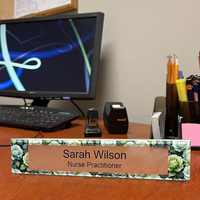 Signs ByLITA Floral Pattern Customized Nameplate | Sage Rose Personalized Full Color Acrylic Desk Sign