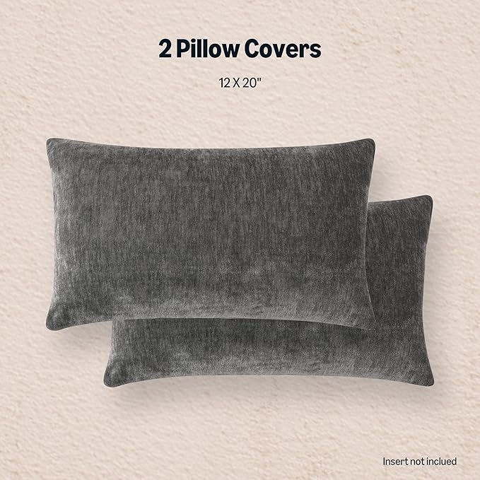 Amazon Basics Chenille Throw Pillow Covers, Home Decor Lumbar Cushion Cover for Bedroom Living Room Couch Bed, 12" W × 20" L, Dark Gray