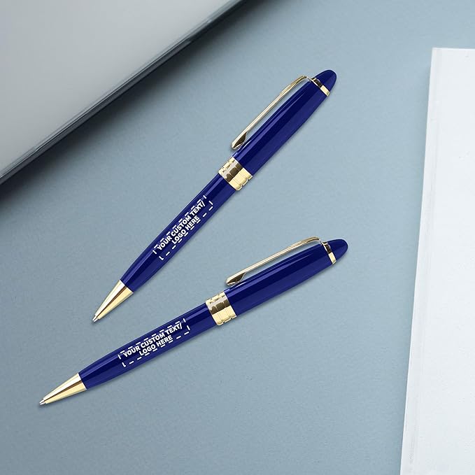 DISCOUNT PROMOS 10 Ultra Executive Pens Pack - Customizable Text, Logo - Twist To Write, Gold Accent - Blue