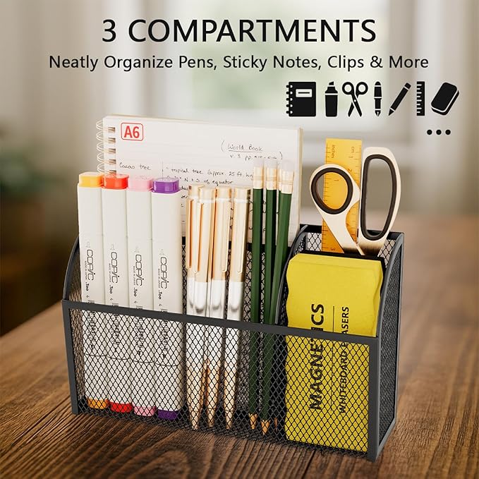 UVGVA Magnetic Pencil Holder Markers Dry Erase Holder for Whiteboard 3-Grid Locker Organizer for Fridge, Home, School and Office
