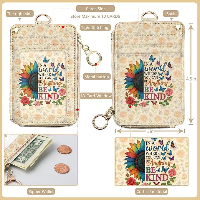 bolimoss Lanyard Wallet with Be Kind Sunflower Badge Holder, RFID ID Card Holder with Detachable Phone Lanyard Wrist Strap, Cute Small Keychain Wristlet Wallet with Zipper Pocekt, Name Tag Holder