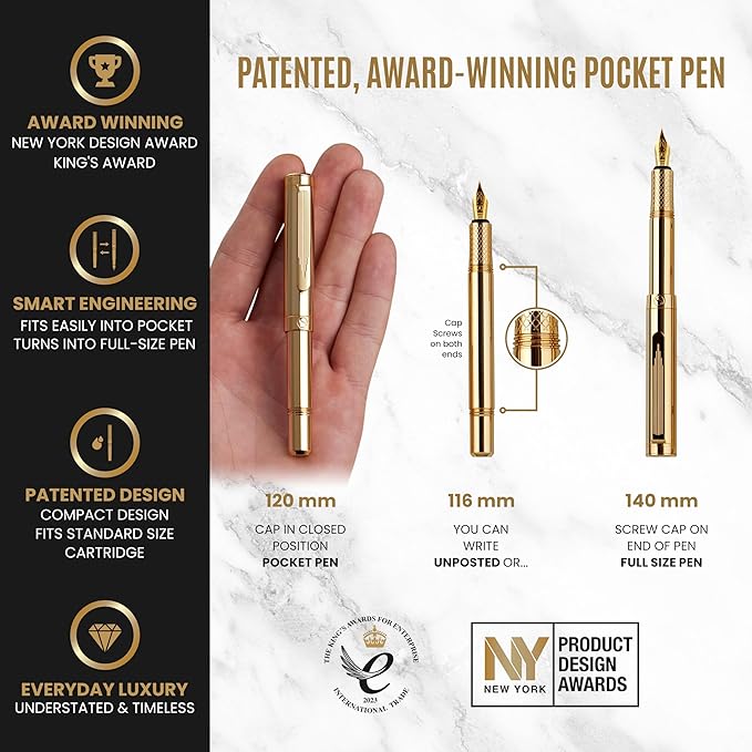 Scriveiner Gold Luxury Fountain Pen (Medium) - Award Winning - Heavy Pocket Stunning Luxury Pen, Real Gold Plating, German Nib & Converter, Nice Gift Pens for Men & Women