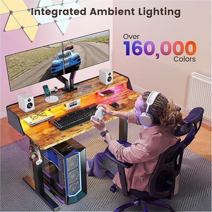 ErGear Standing Desk with LED Strip, 55″ x 28″ Electric Height Adjustable RGB Gaming Table with Shelf, Sit Stand Desk with Dual Cable Holes, C-Clamp Mount Compatible, 4 Preset Heights, Vintage Brown