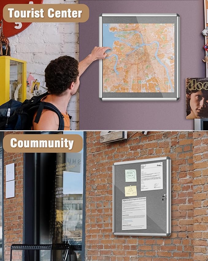 Mifuro 28"x26" Enclosed Bulletin Board, Lockable Weather-Resistant Aluminum Cork Noticeboard for School & Office, Silver Frame w/Grey Flet