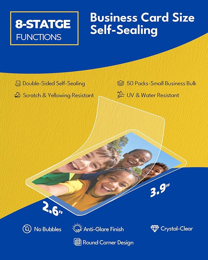Uinkit 50-Pack Business Card Laminating Pouches, 10Mil Thick Double-Sided Seal for 2.6x3.9" Cards, Bulk Waterproofing for Employee ID Badges, Loyalty & Membership Cards, No Machine Needed