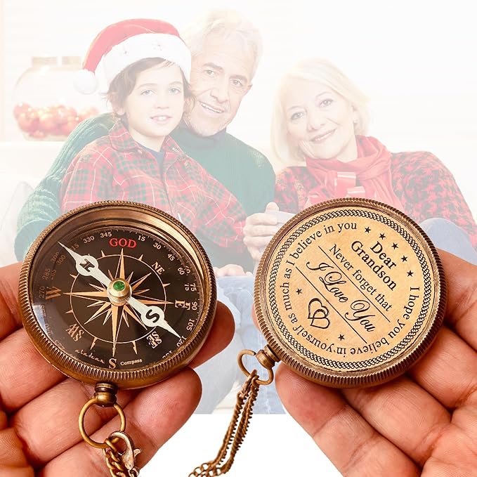 Gift for Grandson Brass Compass Engraved Quote | Memory Present to My Grandson Birthday, Baptism, Graduation, Confirmation, Love, Gift idea by Grandpa Grandma