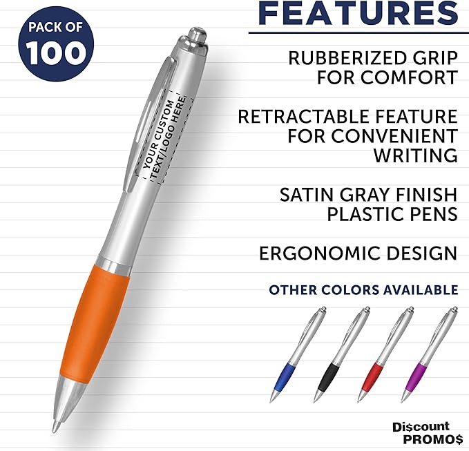 DISCOUNT PROMOS Personalized Ballpoint Pens With Rubber Grip, 100 pack Customizable Ergonomic Click-to-Write Custom Writing Pens for School with Black Ink, Orange