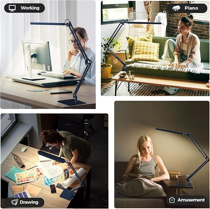SKYLEO LED Desk Lamp with Slim Base - Adjustable Swing Arm Desk Light, Dimmable, Timer, Eye Protection, Memory Function, 1300LM, 12W, Blue
