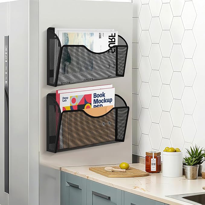 KZWKRG Magnetic File Holder 3PCS Wall File Folder Organizer, No Drilling Hanging Magazine Rack for Refrigerator, Document Paper Mail Folder Holders Office File Magnetic Organizer (Black)