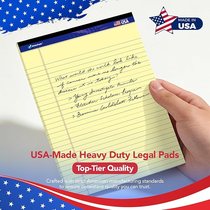 WritePads Legal Pads 8.5 x 11,Wide Ruled Note Pads, Canary, 6-Pack, 50 Sheets, Sturdy back, No Bleeding Micro-Perforated Writing Pads for School Office, Made in the USA
