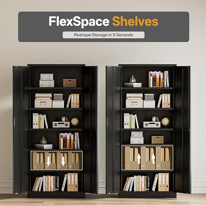 TaskStorz Metal Garage Storage Cabinets,71” Tall Metal File Cabinet with 5 Adjustable Shelves, Lockable Storage Cabinets for Office, Home, Garage, Warehouse 71" H x 32" W x 16" D (Black)