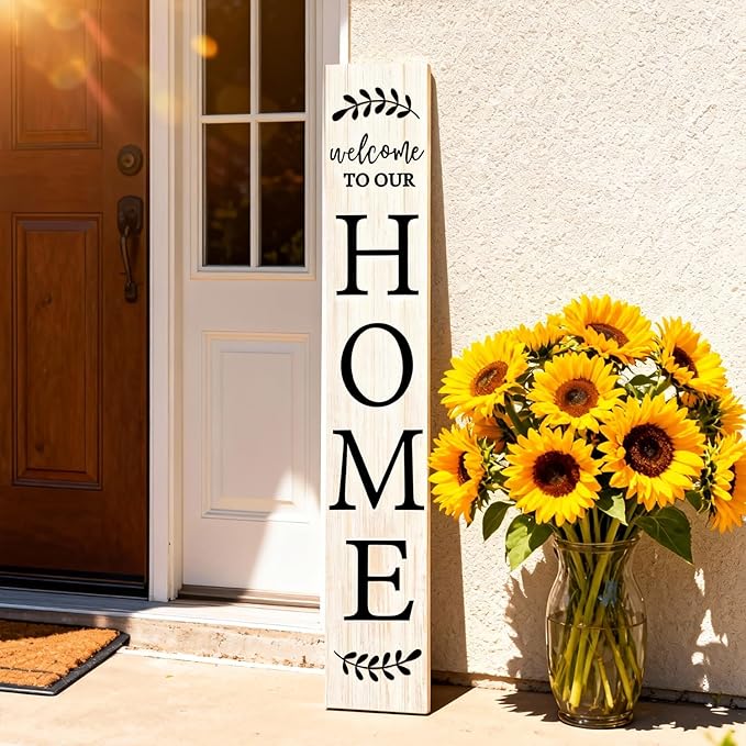 Welcome Sign for Front Porch, 47" Large Wooden Welcome to Our Home Sign Door Hanging Standing Plaque, Farmhouse Vertical Outdoor Porch Decorations for Yard Patio Entrance (White)