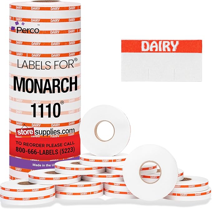 Perco Orange Reverse Print on White Dairy Labels to fit Monarch 1110 Price Gun - 16 Rolls, 17,000 Labels with Ink Roll Included