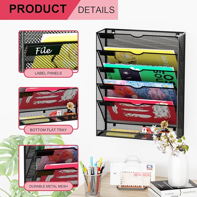 GDINDINFAN Hanging Wall File Organizer 6 Tier Wall Mounted Mail Paper Folder Holder Document Organization Stand, Vertical Desk Magazine Rack for Office Home Cubicle Countertop, Black