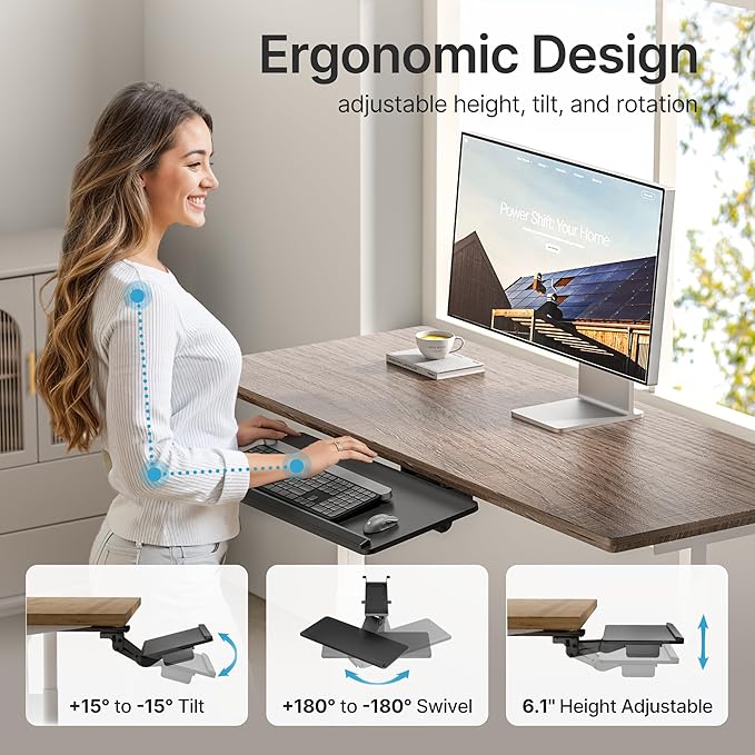 PEGZONE Keyboard Tray Under Desk with Storage Drawer, Height Adjustable Keyboard Tray Slide Out Swivel Tilt, Ergonomic Under Desk Mount Keyboard & Mouse Holder for Gaming Home Office, 25x11'', Black