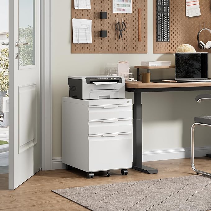 Bestoo 3-Drawer Mobile File Cabinet with Lock, Metal Filing Cabinet on Wheels for Home Office Under Desk, Fits File Folders, Letter/Legal/F4/A4 Size, Assembly Required (White)