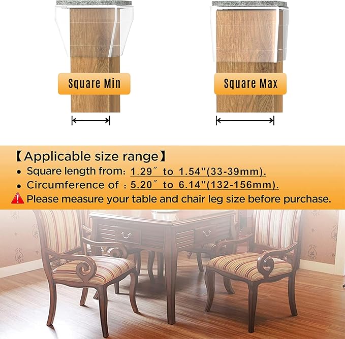 Square Chair Leg Protectors for Hardwood Floors,16 Pcs Silicone Felt Furniture Legs Caps to Prevent Floor from Scratches and Reduce Noise, Easy to Move,1.26-1.57",Clear.