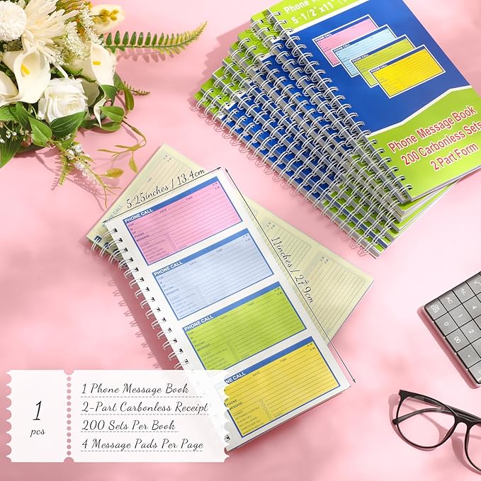 Sinmoe 1 Pcs Spiral Bound Phone Message Book with Carbon Copy 5-1/2" x 11" 2 Part Colorful Carbonless Telephone Message Pads Duplicate Spiral Phone Call Log Book for Business Office (Green,Blue)