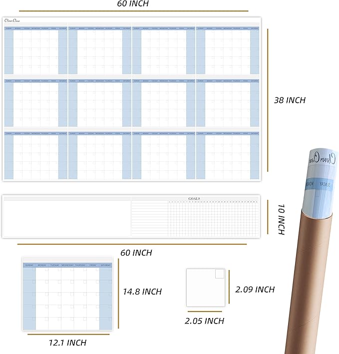CLEVER CLEAN Large Dry Erase Wall Calendar 5 Feet- 48"x60" 2026 Undated Yearly Planner for Home, Office, School Projects - Jumbo Erasable Laminated Task Organizer