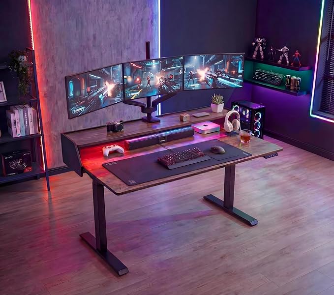 ErGear Standing Desk with LED Strip, 55″ x 28″ Electric Height Adjustable RGB Gaming Table with Shelf, Sit Stand Desk with Dual Cable Holes, C-Clamp Mount Compatible, 4 Preset Heights, Vintage Brown