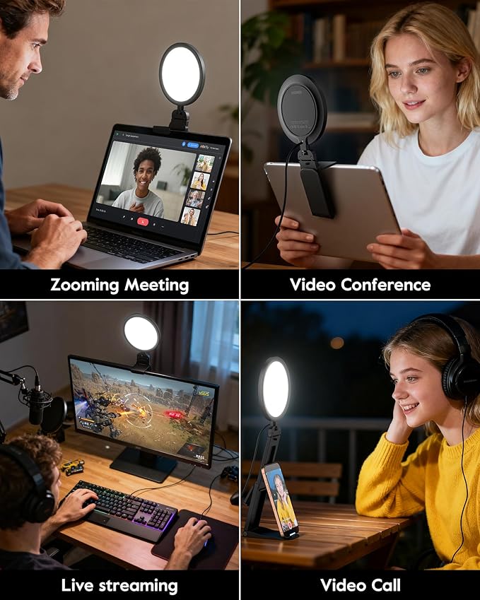 Computer Zoom Lighting for Video Conference, 5" Eye-Caring Ring Light with 50 Modes CRI>97.8, 3000K-6500K for Video Recording/Streaming/Selfie, Desk Lights for Phone/Laptop/Webcam/Monitor