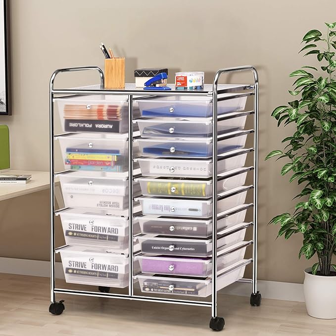 HAPPYGRILL 15-Drawer Rolling Cart, Storage Carts with Removable Drawers & Steel Frame, Utility Cart on Lockable Wheels for Home, School, Office,Clear