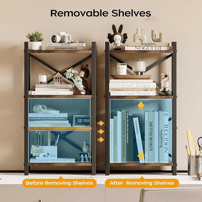 Desktop Bookshelf, 4-Tier Stackable Narrow Bookcase, Adjustable Industrial Desk Organizer & Hutch - Rustic Brown Wood Desktop Book Organizer for Living Room, Bedroom & Home Office