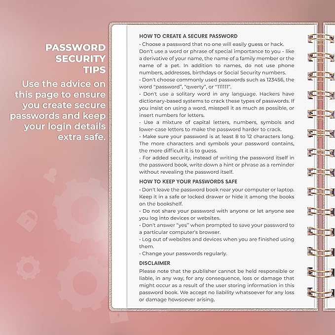 Clever Fox Password Book Spiral – Internet Address & Password Organizer with Laminated Alphabetical Tabs – Password Keeper Journal – Hardcover, Medium Size, 6.1x7.7” (Rose Gold)