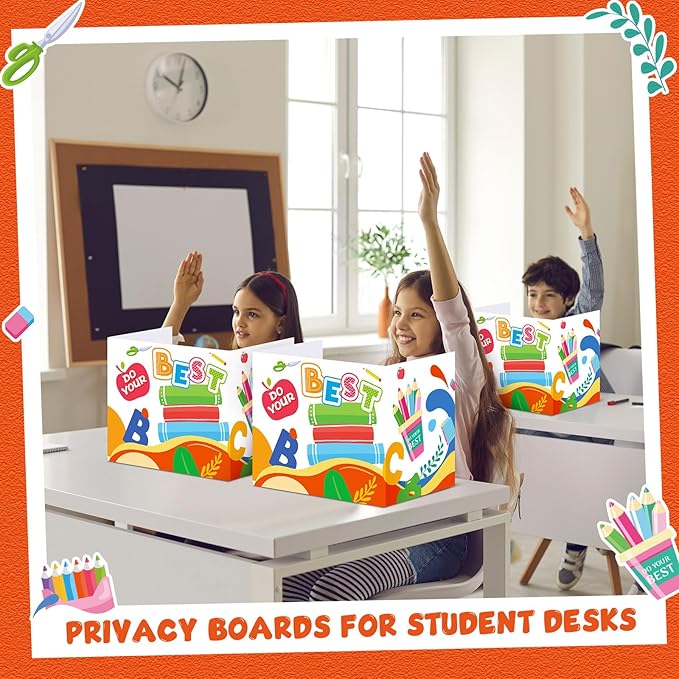 24 Pcs Privacy Boards for Student Desks Bright Colored Classroom Desk Divider Trifold Table Desk Privacy Panel Folders Screen Partition for School Teacher Student Study Test Home(Clock)