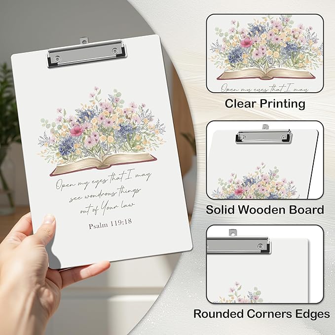 APIILVPQ Wild Flower Clipboard, Bible Verse Clipboards with Low Profile Clip for Office School Use, Christian Wooden Clip Boards for Nurses Teachers Students - B02