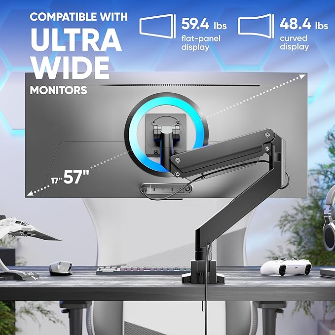 ONKRON Heavy Duty Monitor Arm for 17-57 Inch Screens up to 59.4 lbs, Ultrawide Screen Mount with Adjustable Gas Spring, VESA 75x75-200x200, Single Arm Monitor Mount for Desk, Clamp & Grommet Black