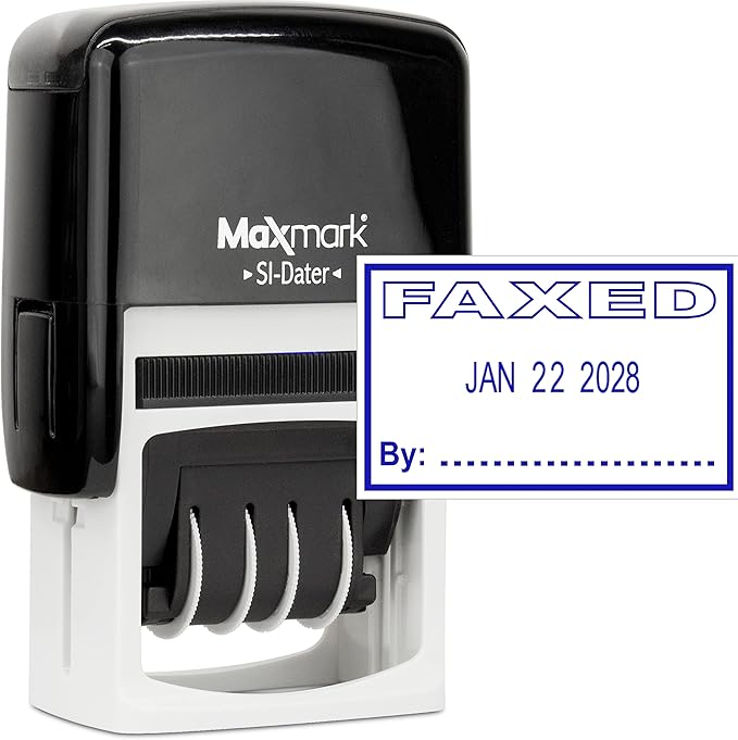 MaxMark Office Self Inking Date Stamp with Phrase Faxed - Blue Ink