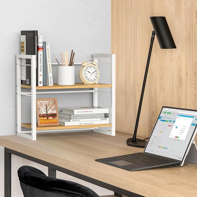 ART-GIFTREE Office Desk Shelf Organizer, Wood Desktop Bookshelf Supplies Storage Rack, Shelf for Top of Desk and Dresser (White-2 Tier)