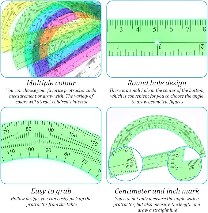 100 Pieces Protractors Bulk Plastic 180 Degrees 6 Inch Translucent Protractors for Geometry, Angle Measurement, 5 Colors